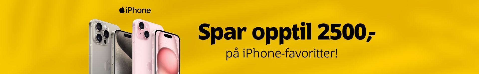 gul banner med iPhoner på. Sort skrift som sier "Spar opptil 2500,- på iPhone favoritter!"