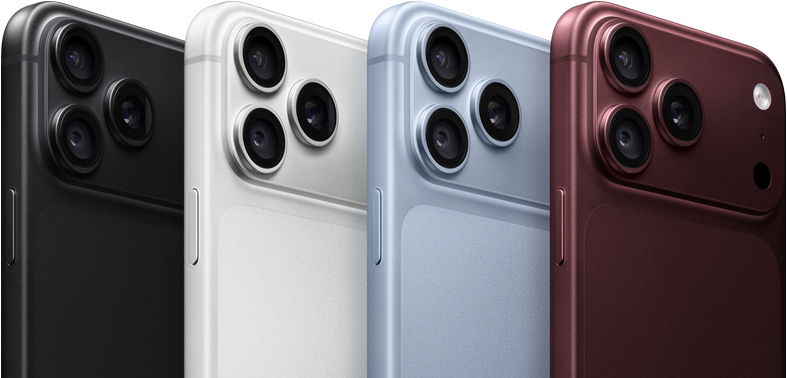 iPhone 18 Pro-enheter på rekke vises fra baksiden i alle fire farger: burgunder, isbre (lyseblå), sølv, svart, Pro Fusion-kamerasystem øverst til venstre, tre objektiver, mikrofon, blits