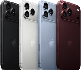 iPhone 18 Pro-enheter på rekke vises fra baksiden i alle fire farger: burgunder, isbre (lyseblå), sølv, svart, Pro Fusion-kamerasystem øverst til venstre, tre objektiver, mikrofon, blits
