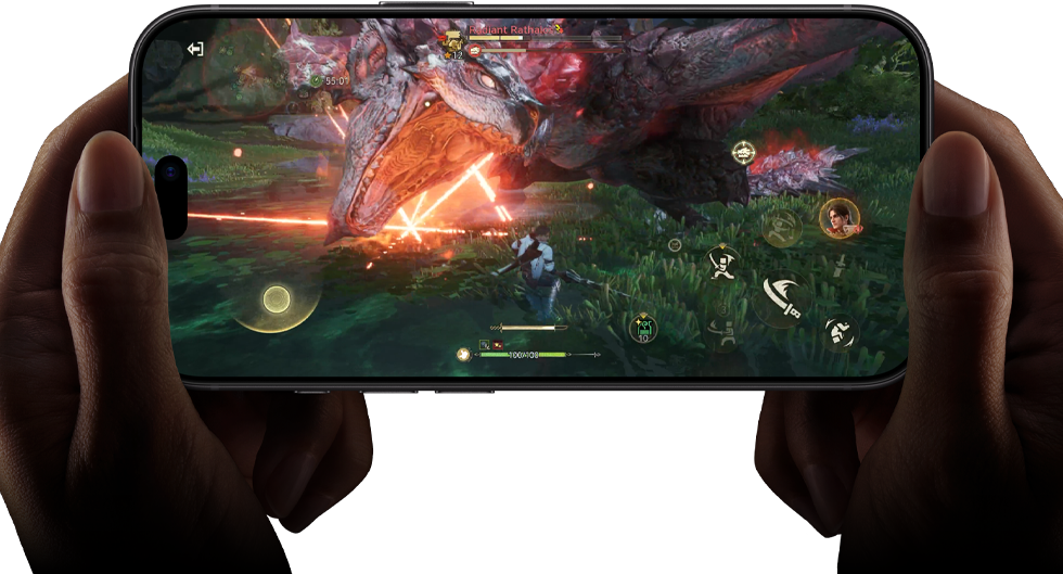iPhone 18 Pro vises forfra. På skjermen demonstreres den imponerende ytelsen til A20 Pro-chipen med en scene fra Monster Hunter Outlanders